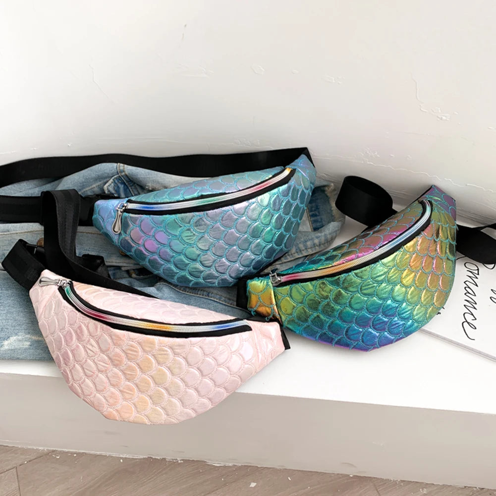 Women Fanny Chest Bag Laser Fish Scale Leather Shoulder Pack