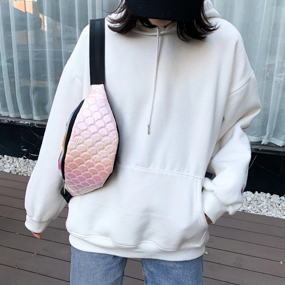 Women Fanny Chest Bag Laser Fish Scale Leather Shoulder Pack