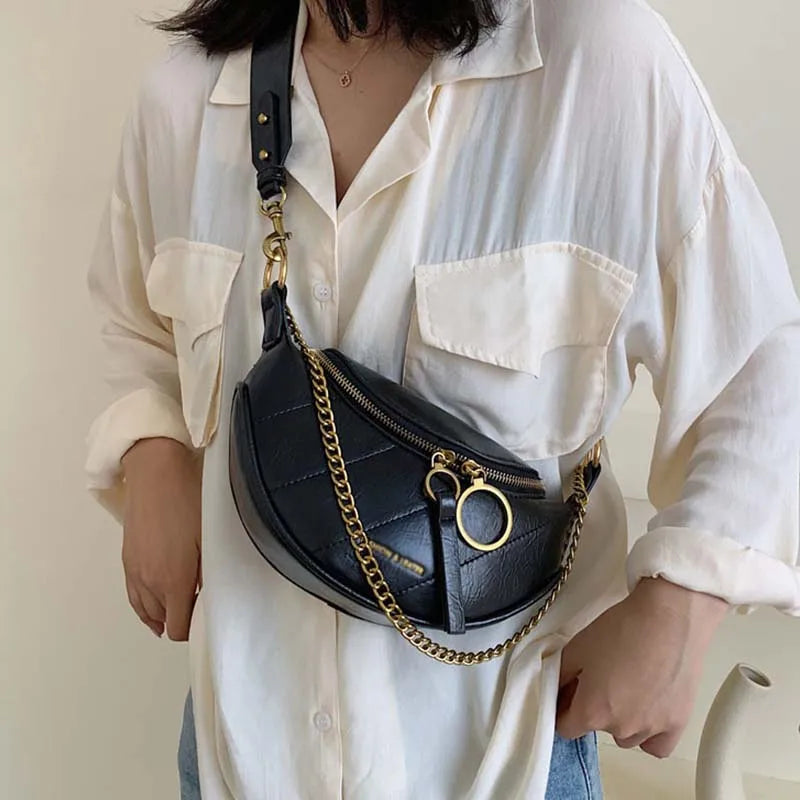 Chain Leather Fanny Pack Zipper Banana Bag Crossbody Bags