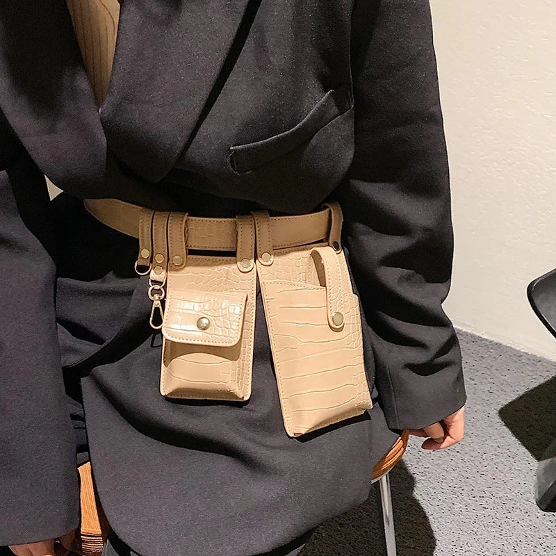 Women Leather Belt Bag Irregular Shape Waist Pack Vintage Chest Bag