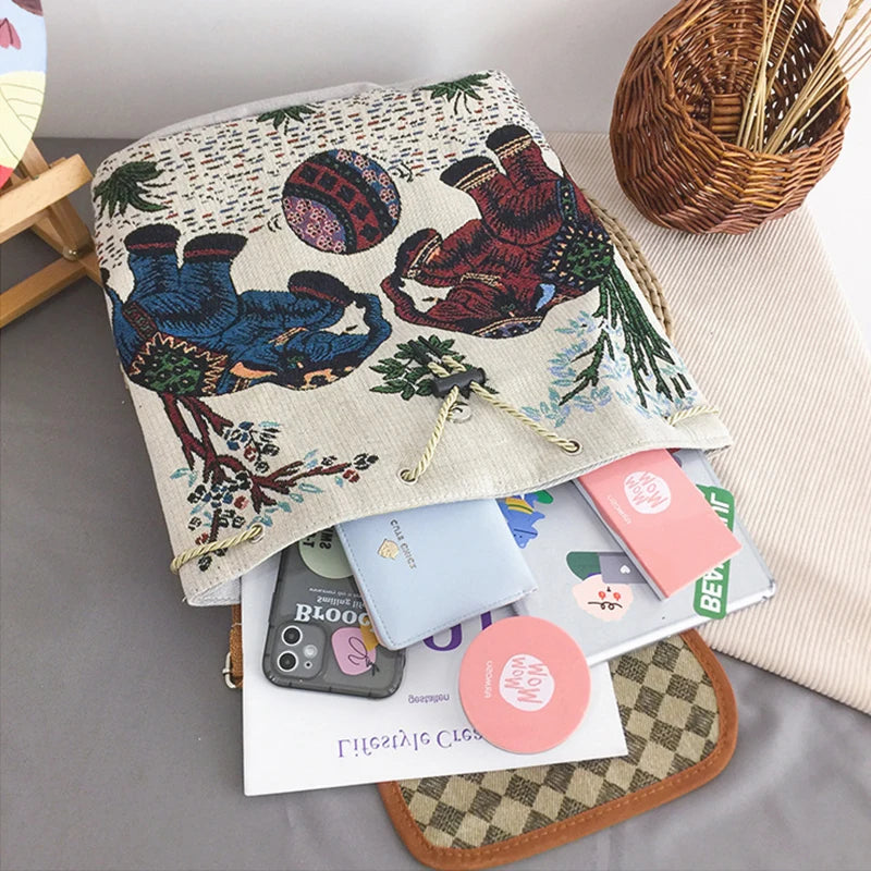 Vintage Embroidery Knitted Canvas Backpack for Women