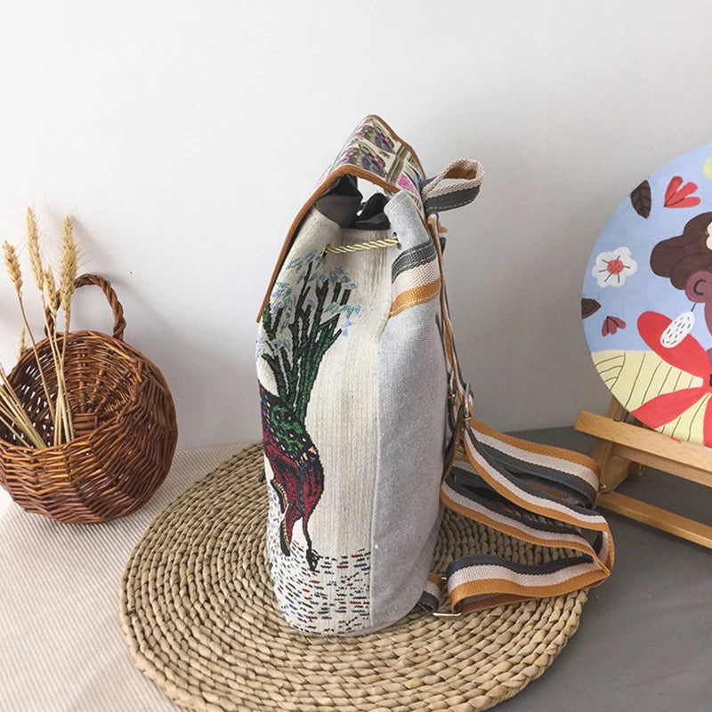 Vintage Embroidery Knitted Canvas Backpack for Women