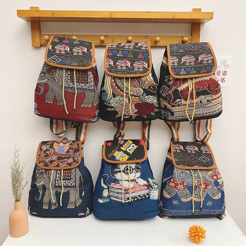 Vintage Embroidery Knitted Canvas Backpack for Women