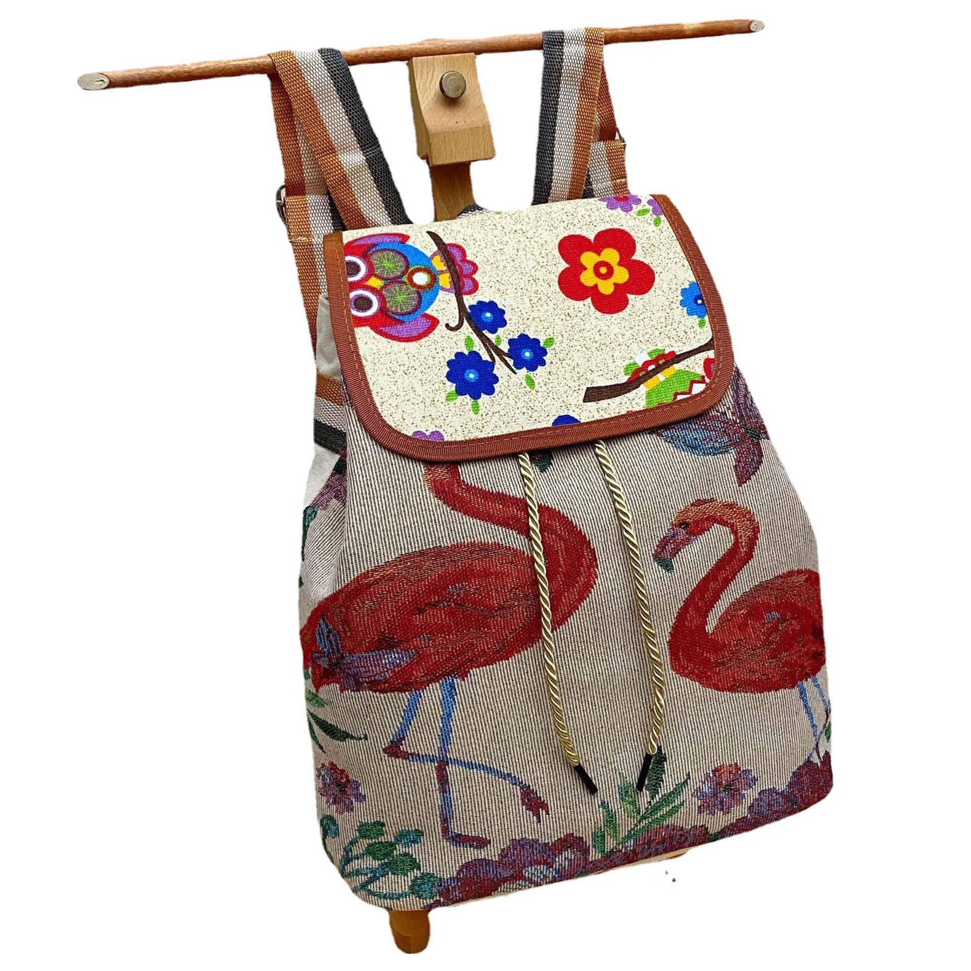 Vintage Embroidery Knitted Canvas Backpack for Women