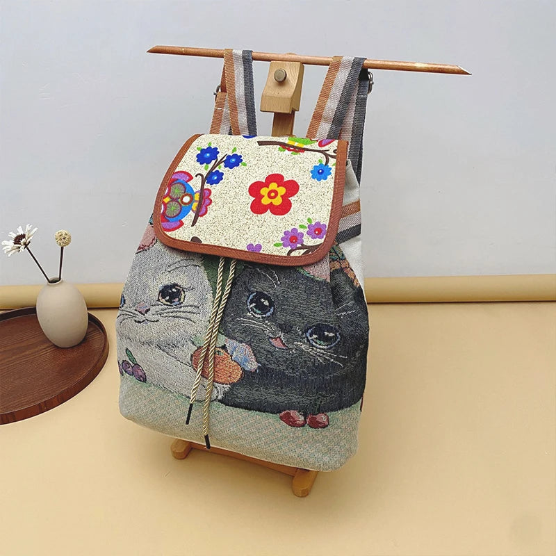 Vintage Embroidery Knitted Canvas Backpack for Women