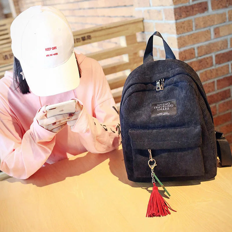 Canvas Tassel School Bags Travel Shoulder Backpack Large Capacity Rucksack