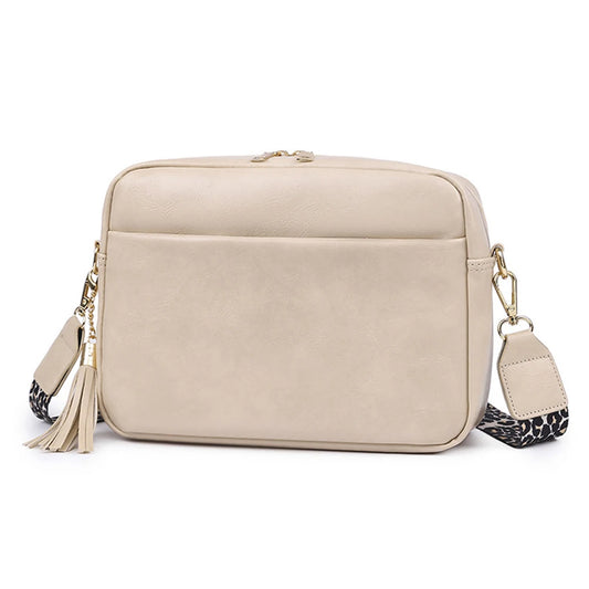 Women Cell Phone Purse Solid Shoulder Handbags Wide Strap Tassels Zip