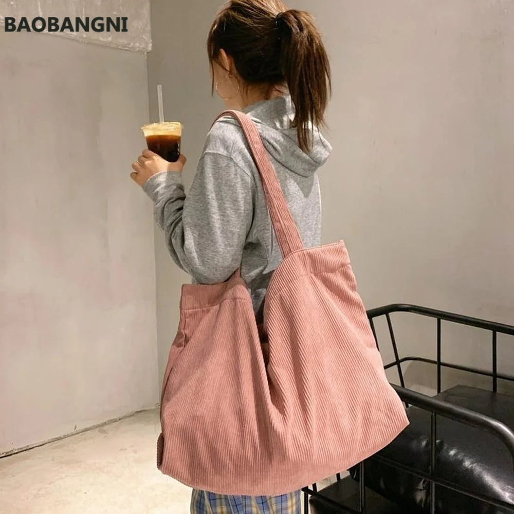 Women Corduroy Shoulder Bag Large Capacity Female Handbag