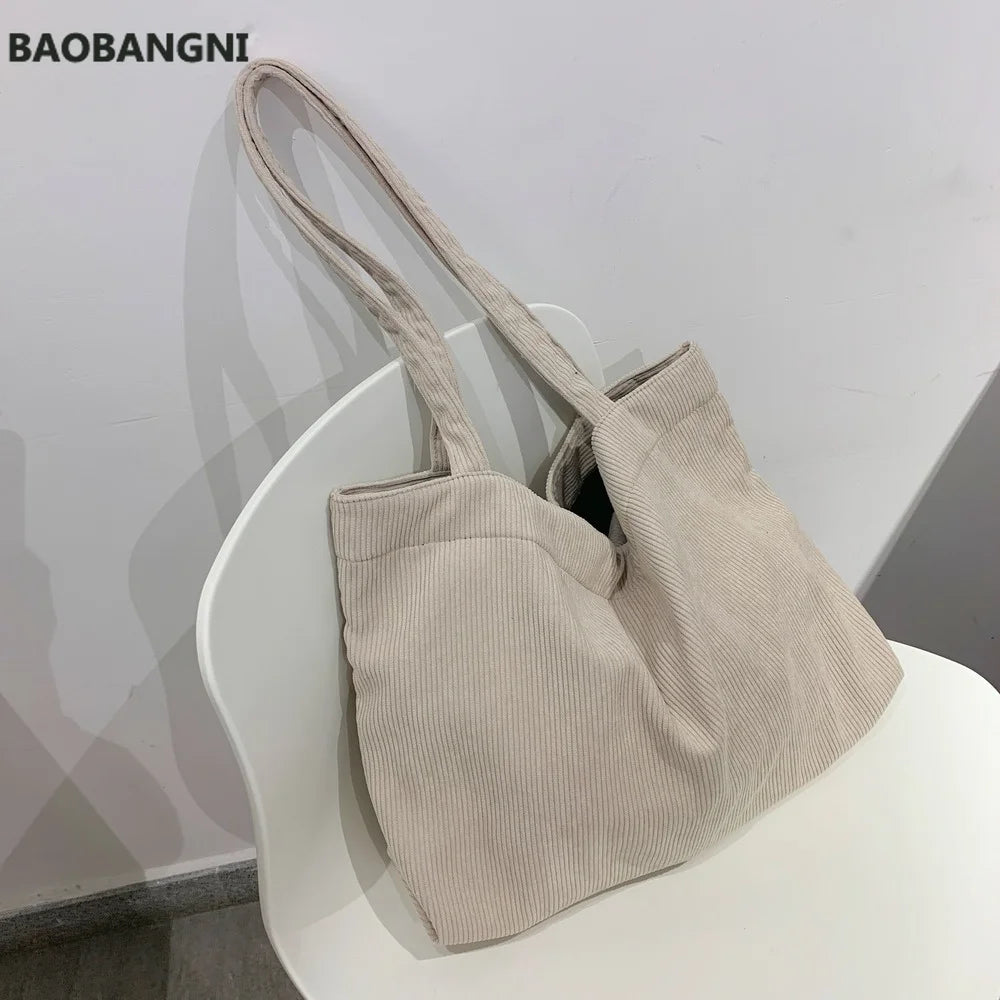 Women Corduroy Shoulder Bag Large Capacity Female Handbag