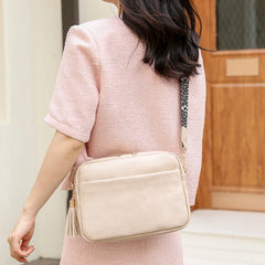 Small Square Crossbody Bag with Tassels and Wide Strap