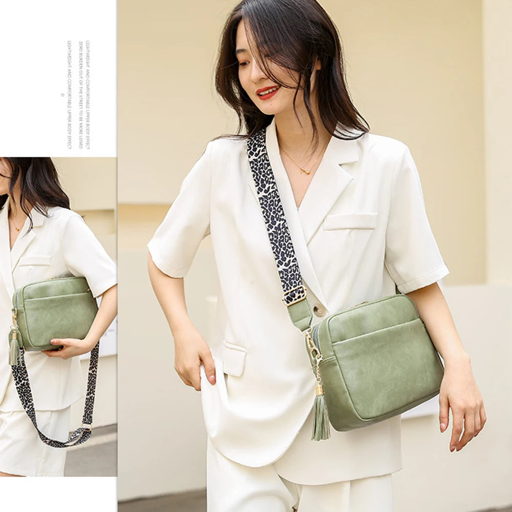 Small Square Crossbody Bag with Tassels and Wide Strap
