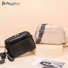 Small Square Crossbody Bag with Tassels and Wide Strap