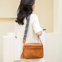 Small Square Crossbody Bag with Tassels and Wide Strap