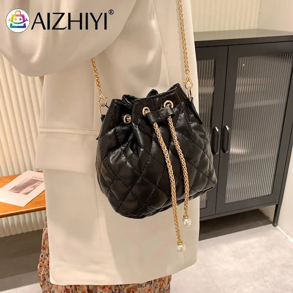 Women Crossbody Bags PU Leather Solid Drawstring Messenger Bag