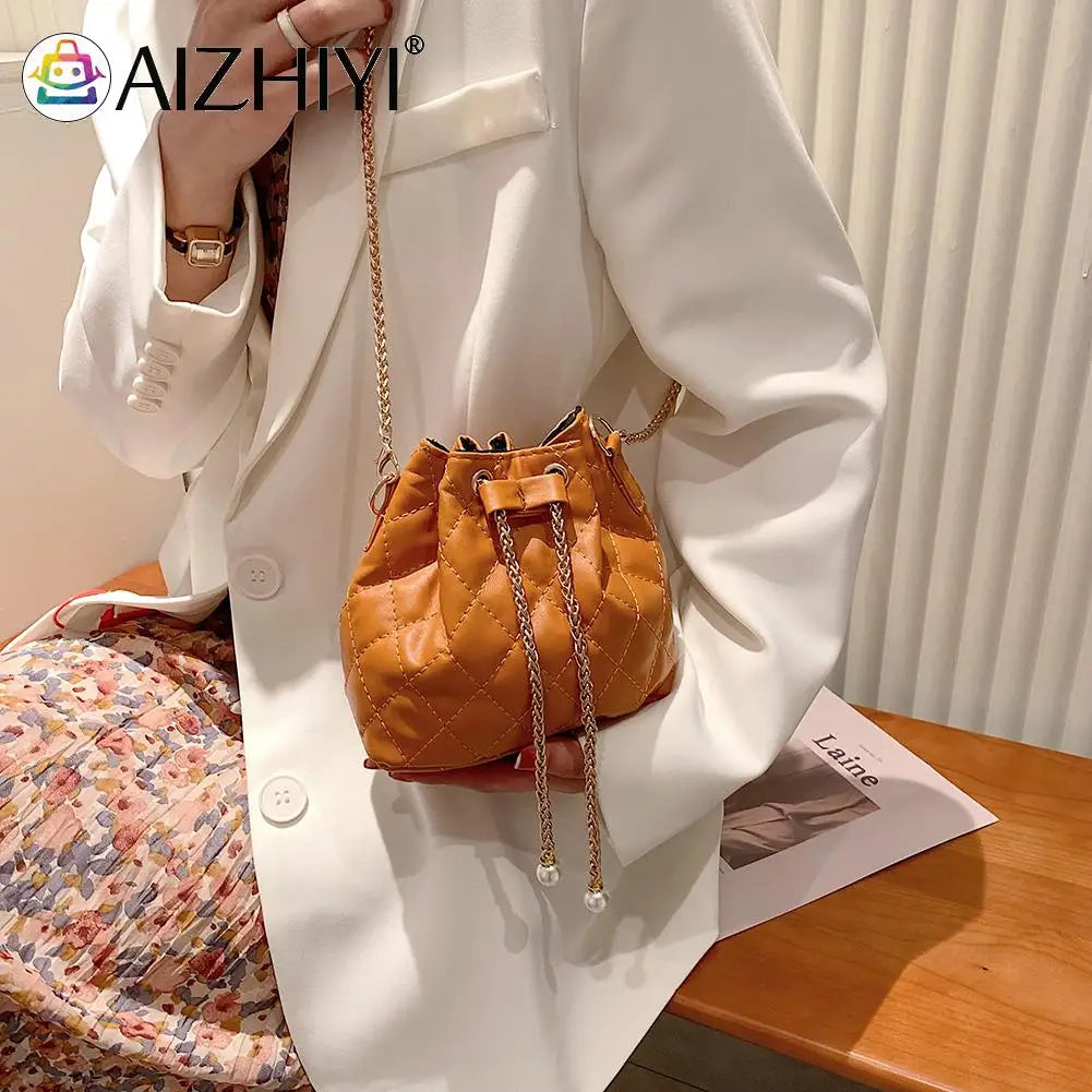 Women Crossbody Bags PU Leather Solid Drawstring Messenger Bag