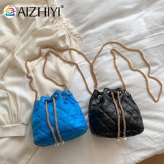 Women Crossbody Bags PU Leather Solid Drawstring Messenger Bag
