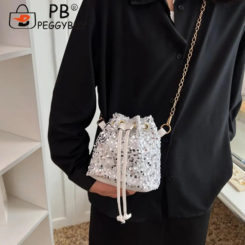 Women Crossbody Bags Sequins Drawstring Messenger Bag