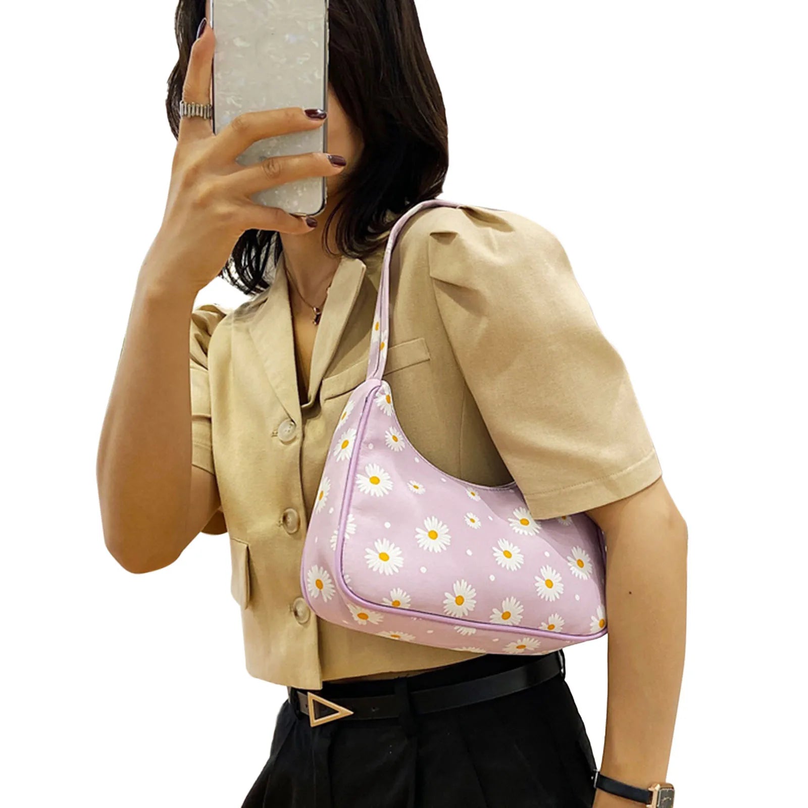 Daisy Print Shoulder Bag Stylish Handbag for Daily Use