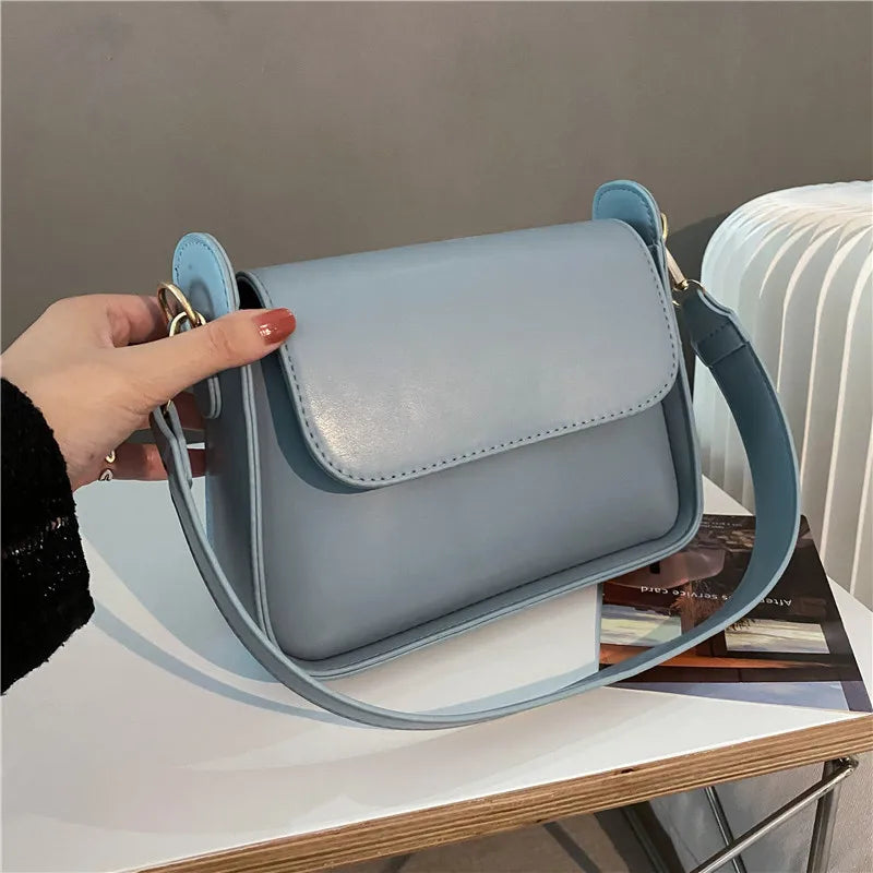 Soft PU Leather Shoulder Bag Solid Small Square Wide Strap Hand Bag