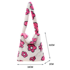 Floral Print Plush Shoulder Bag Winter Large Handbag Purse