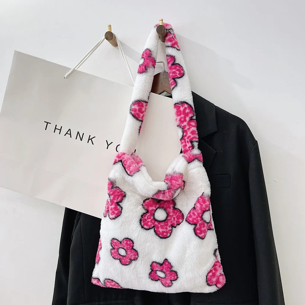 Floral Print Plush Shoulder Bag Winter Large Handbag Purse