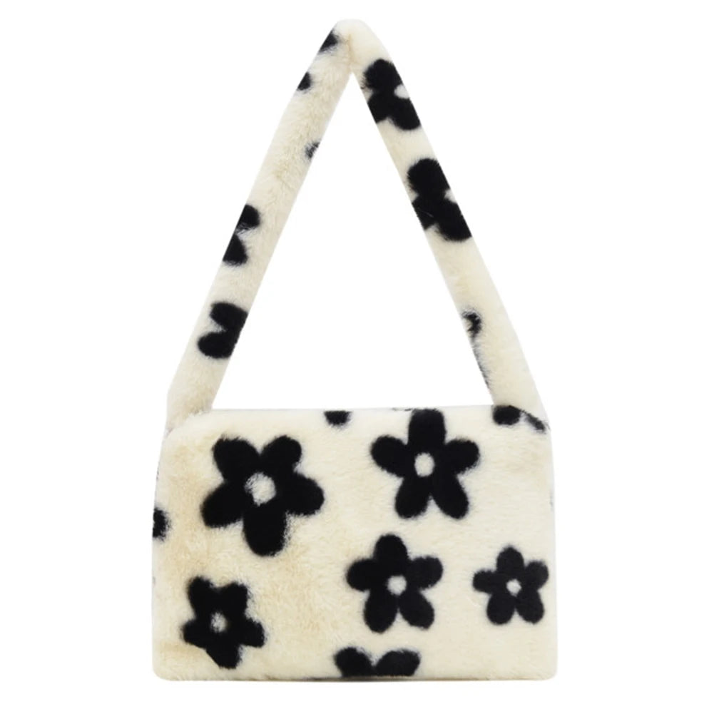 Women Flower Heart Printing Shoulder Underarm Bag Soft Plush Handbags