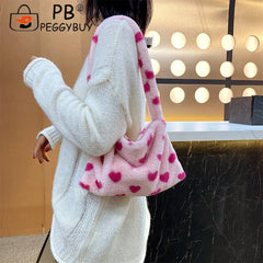 Women Flower Heart Printing Shoulder Underarm Bag Soft Plush Handbags
