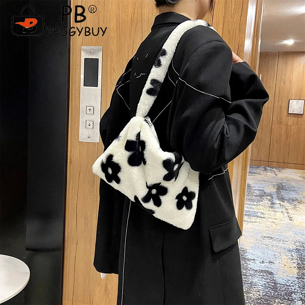 Women Flower Heart Printing Shoulder Underarm Bag Soft Plush Handbags