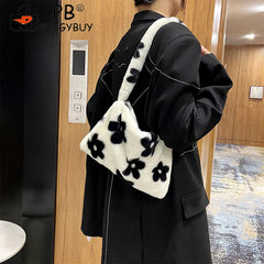 Women Flower Heart Printing Shoulder Underarm Bag Soft Plush Handbags