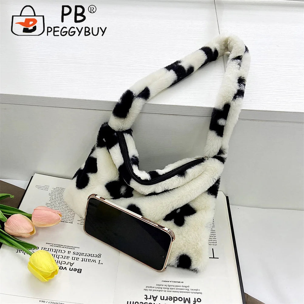 Women Flower Heart Printing Shoulder Underarm Bag Soft Plush Handbags