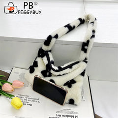 Women Flower Heart Printing Shoulder Underarm Bag Soft Plush Handbags