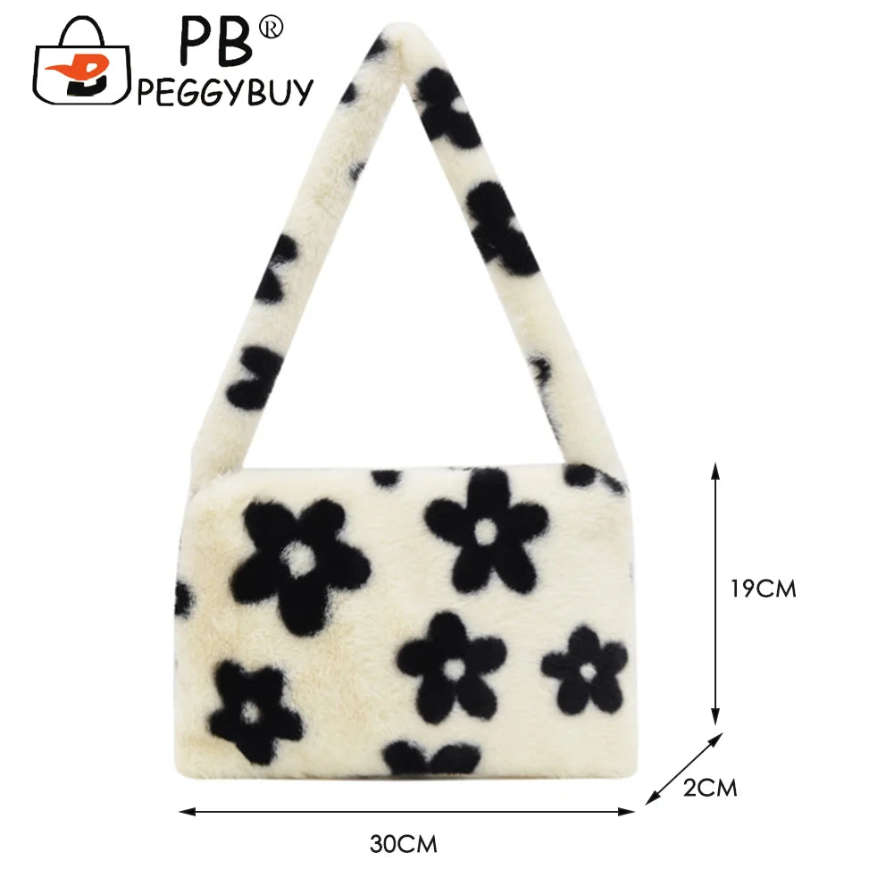 Women Flower Heart Printing Shoulder Underarm Bag Soft Plush Handbags