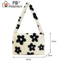 Women Flower Heart Printing Shoulder Underarm Bag Soft Plush Handbags