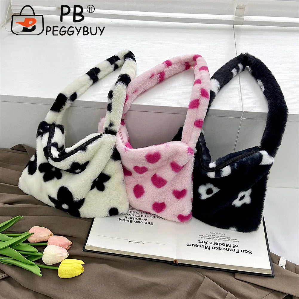 Women Flower Heart Printing Shoulder Underarm Bag Soft Plush Handbags