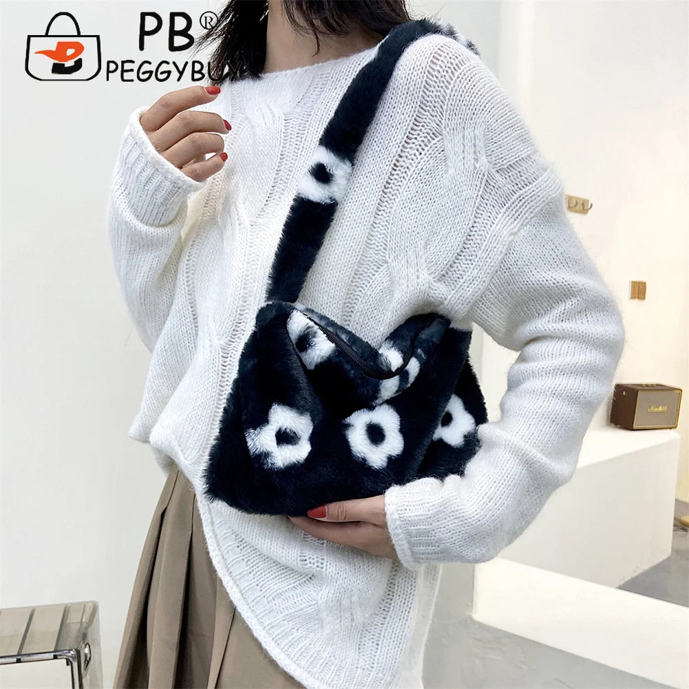 Women Flower Heart Printing Shoulder Underarm Bag Soft Plush Handbags
