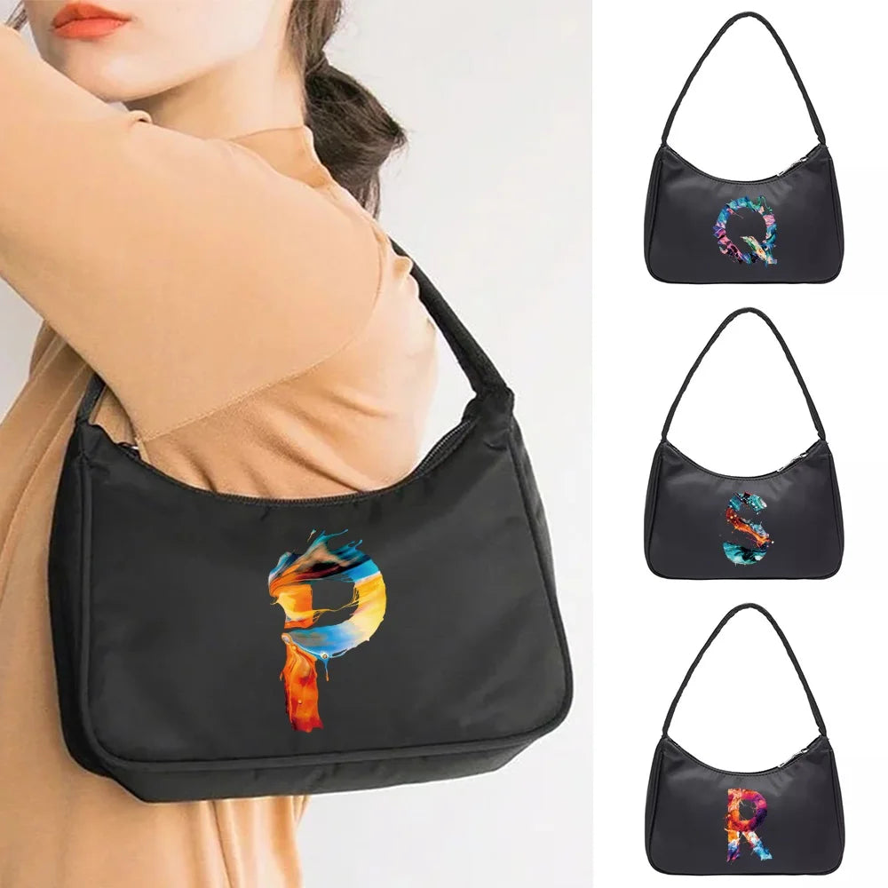 Retro Solid Shoulder Underarm Bag 26 Letter Print Female Tote Pouch