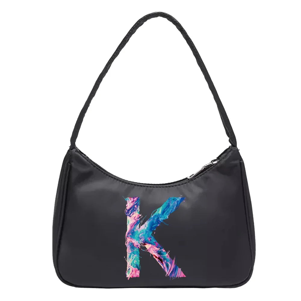 Retro Solid Shoulder Underarm Bag 26 Letter Print Female Tote Pouch
