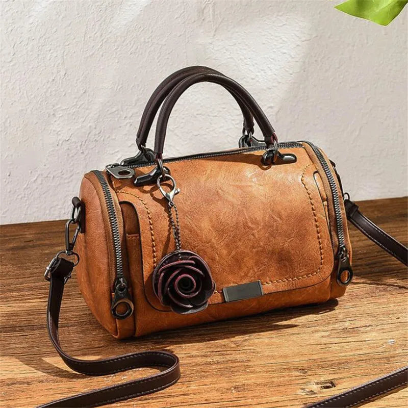 Women Leather Rose Flower Pendant Boston Crossbody Bag