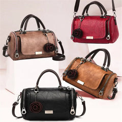 Women Leather Rose Flower Pendant Boston Crossbody Bag
