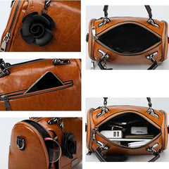 Women Leather Rose Flower Pendant Boston Crossbody Bag