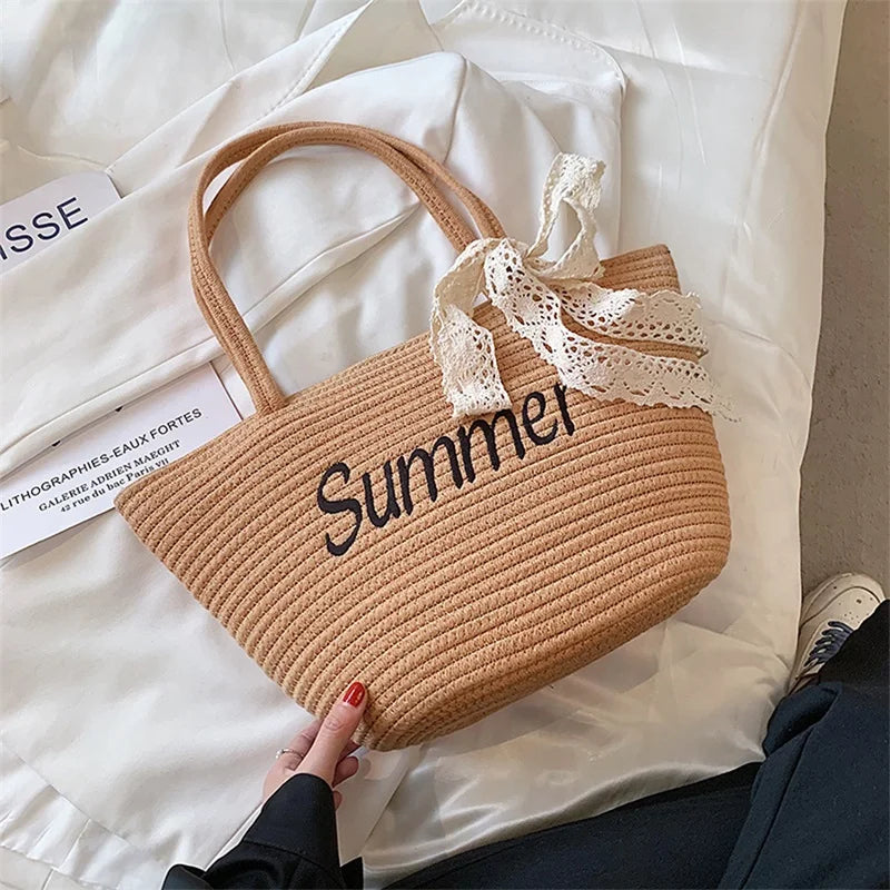 Women Letter Woven Bag Shopper Bag Lace Bowknot Decor Beach Handbags
