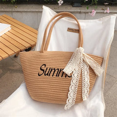 Women Letter Woven Bag Shopper Bag Lace Bowknot Decor Beach Handbags