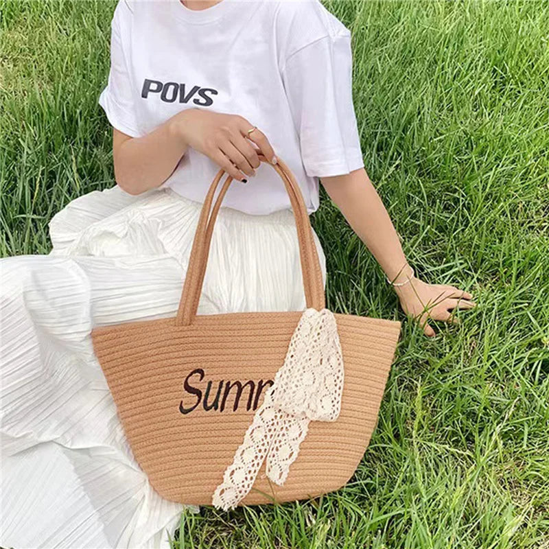 Women Letter Woven Bag Shopper Bag Lace Bowknot Decor Beach Handbags