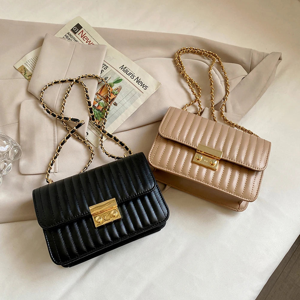 Women Lines Embroidery PU Leather Crossbody Shoulder Bags Solid Casual Chain