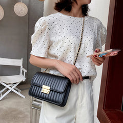 Women Lines Embroidery PU Leather Crossbody Shoulder Bags Solid Casual Chain