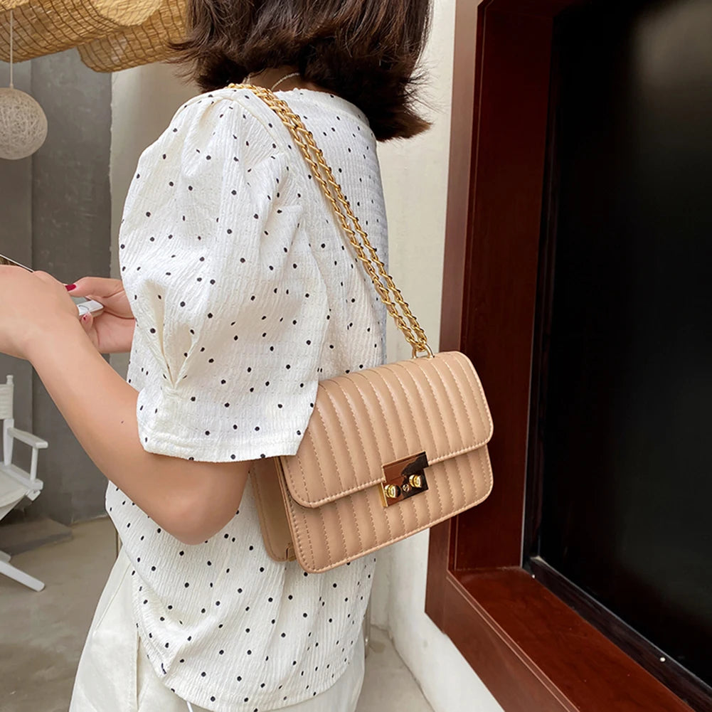 Women Lines Embroidery PU Leather Crossbody Shoulder Bags Solid Casual Chain