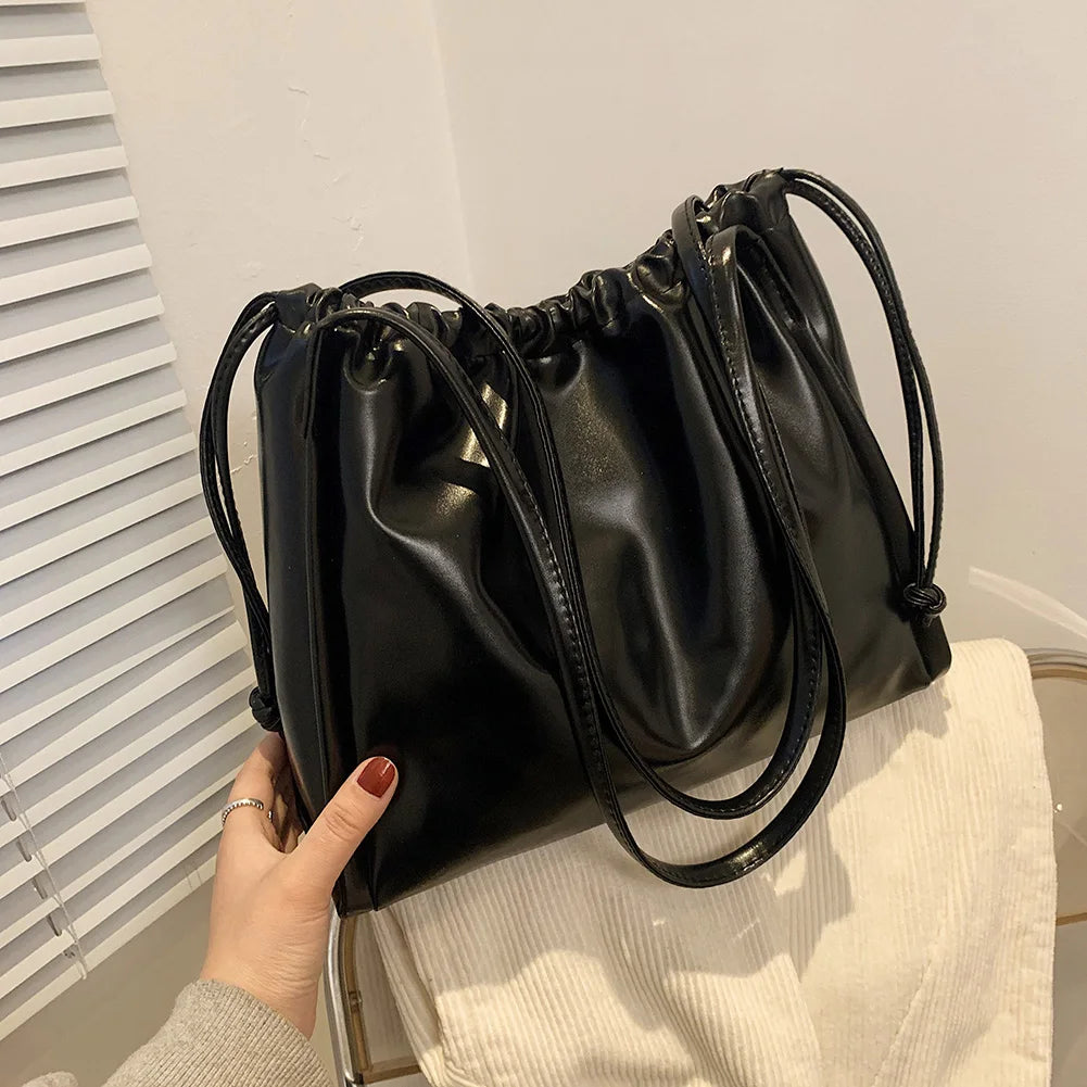 Women PU Leather Shoulder Bag Drawstring Solid Bucket Underarm Bag