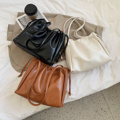 Women PU Leather Shoulder Bag Drawstring Solid Bucket Underarm Bag