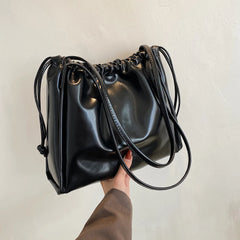 Women PU Leather Shoulder Bag Drawstring Solid Bucket Underarm Bag