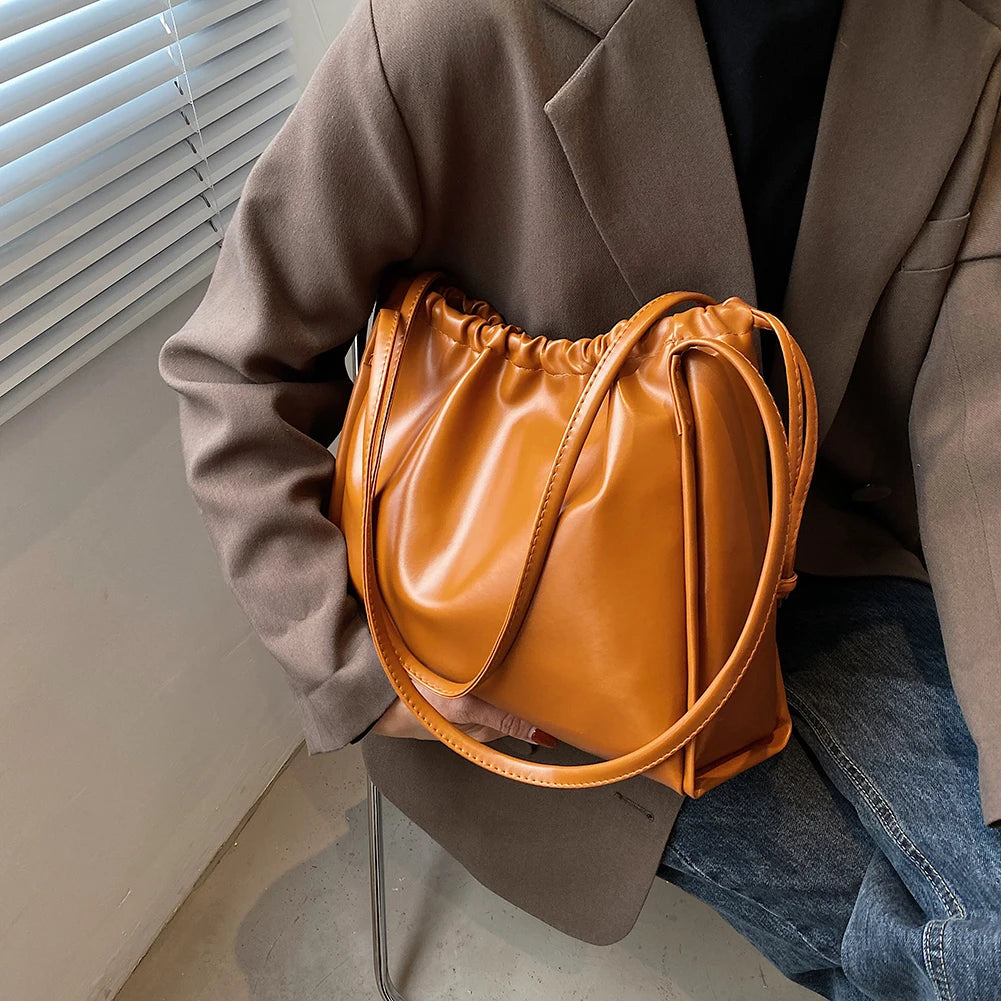 Women PU Leather Shoulder Bag Drawstring Solid Bucket Underarm Bag